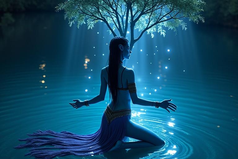 Kaari kneels under a glowing tree in a moonlit lagoon. Hands outstretched as glowing seeds drift down like floating spirits.