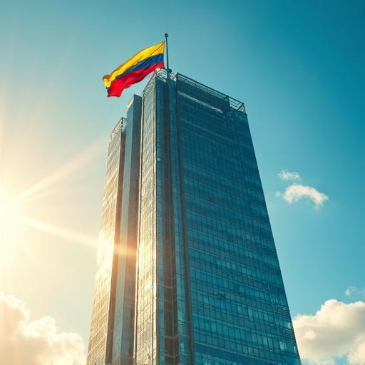 A modern majestic glass tower located in Caracas Venezuela. Tower reflects warm sunlight with vibrant yellow blue and red. The Venezuelan flag flutters on top of the tower. Clear blue sky in the background enhances the scenery. Lively energy of the city captured with cinematic style and natural light.