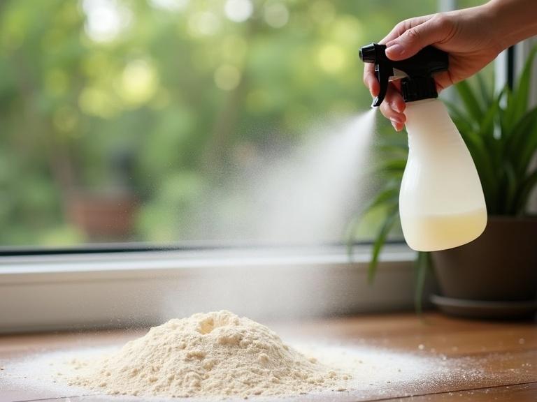 A hand holding a sprayer to dispense diatomaceous earth powder onto a mound of powder on a wooden surface. The background is a blurred green garden. The sprayer is white with a black nozzle. The scene suggests indoor and outdoor use.