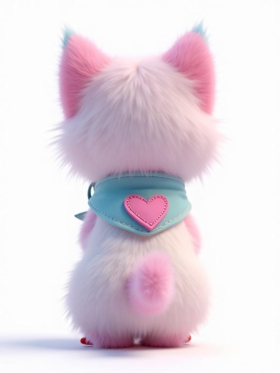 Back view of fluffy anthropomorphic kitten with pastel fur colors. Oversized head and rounded features. Tiny paws and perky ears visible. Light blue bandana around its neck. Short curled tail. High-resolution render in studio lighting. Clean white background showing detailed fur texture.