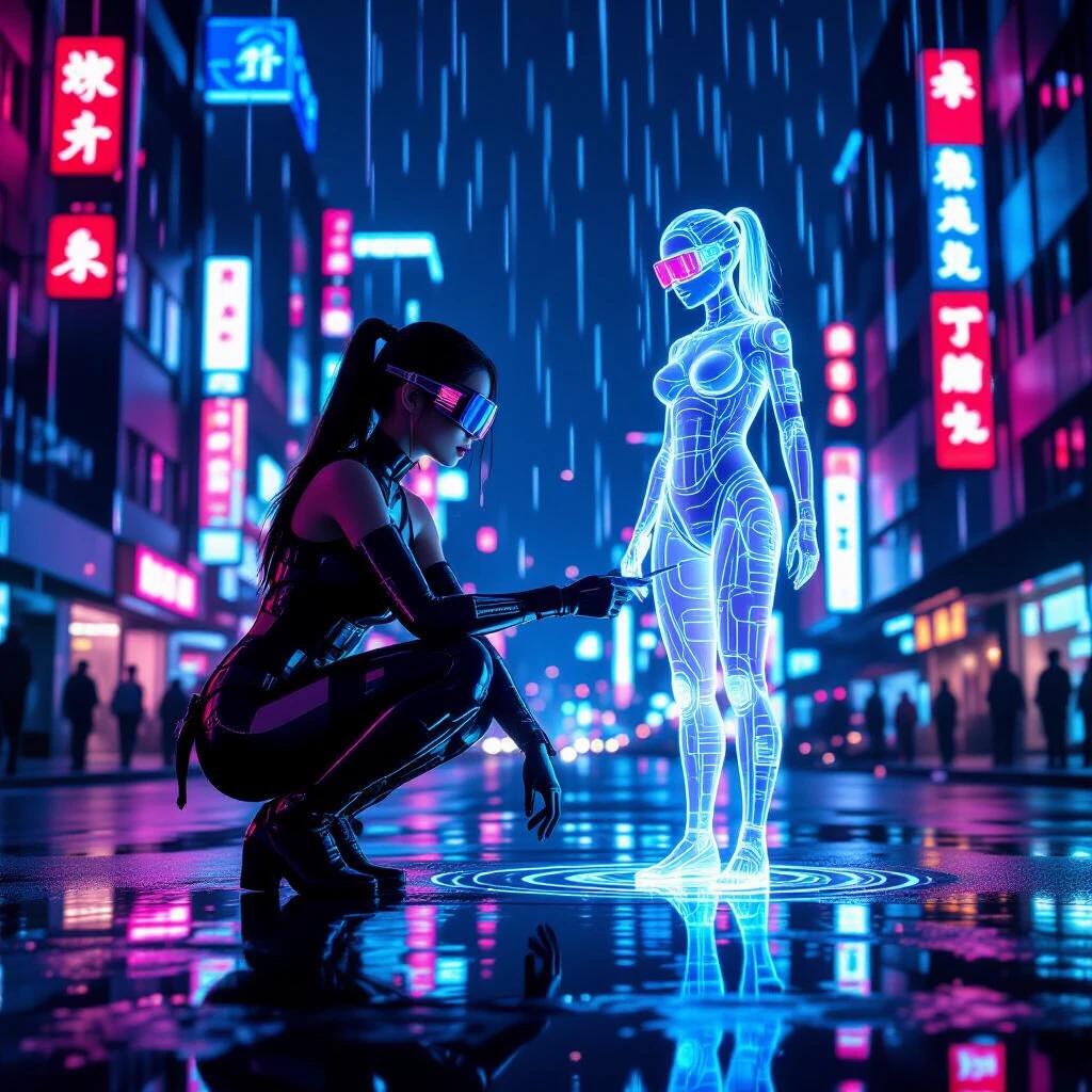 A torrential night scene with neon lights and animated Kanji billboards. Rain creates reflections in puddles. A lone woman crouches, lifting a quantum micro-circuit. She wears a matte-black adaptive corset and tactical cyber-goggles. A holographic doppelgänger mirrors her form with cyan-magenta gradients. A chrome drone hovers above casting a spotlight on the circuit. Her tech features a mini-storage watch projecting 3-D visuals. The style reflects photorealistic cyberpunk with vibrant colors.
