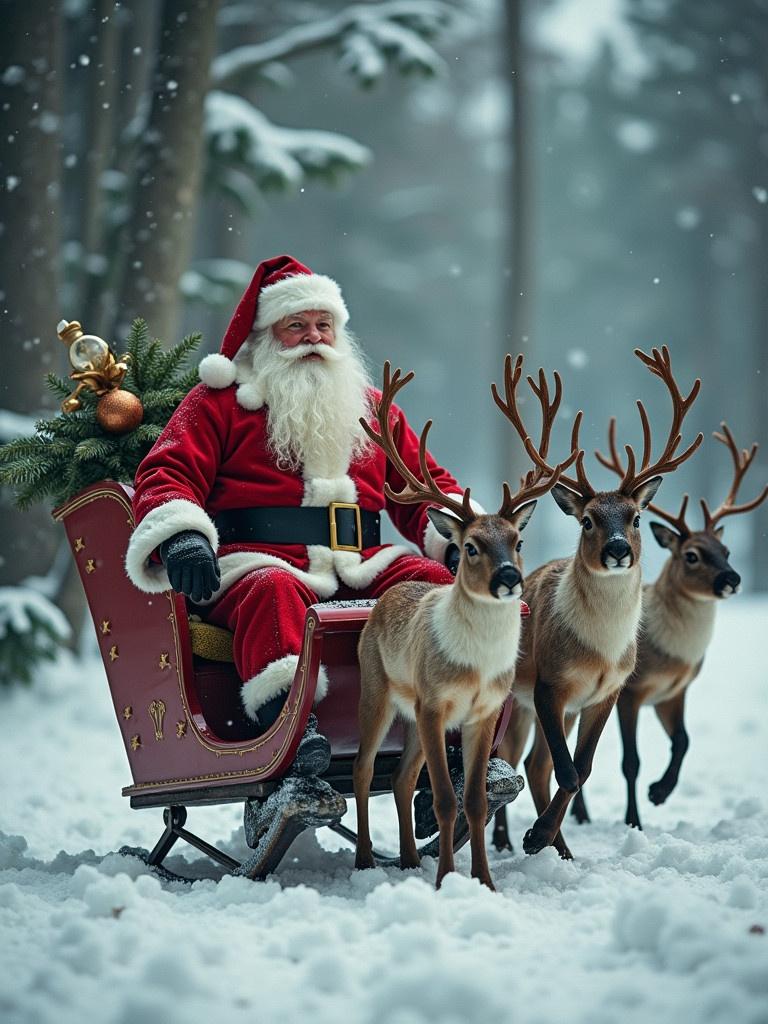 Santa Claus in a red outfit sits on a sleigh. The sleigh is decorated with green foliage and ornaments. Two reindeer stand beside the sleigh. The scene is snowy and set in a forest with trees. Soft light creates a magical atmosphere.