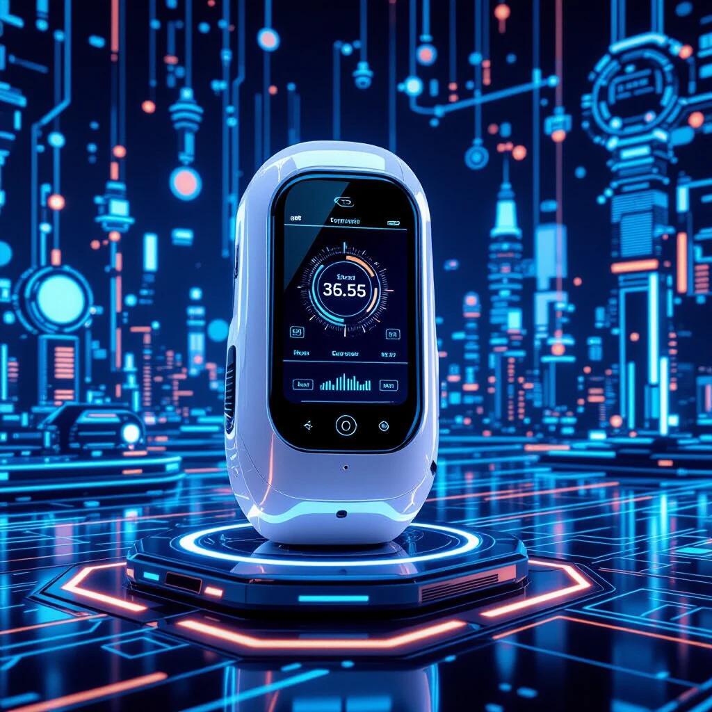 A futuristic product displayed in a high-tech environment. The product is a sleek device with a digital interface. It is being highlighted with neon lights and is placed on a tech-themed pedestal. Background features abstract digital elements and futuristic buildings.