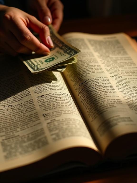 Close-up photograph shows hands counting dollar bills on an open Bible. Bible turned to Malachi 3:10. Cracks forming in the bills. Warm lamp lighting creates shadows of fingers. Shallow depth of field focuses on text and currency details. Rich color palette of greens, beiges, and gold tones. Overhead composition with arranged elements. Detailed textures of bills and worn pages. Reflects tension between faith and material trust.