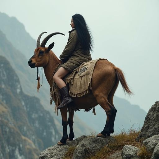 A woman rides on top of a goat descending a mountain. The woman has long black hair and is in her thirties. The goat has a fabric on its side with writing that says Susi Guber.