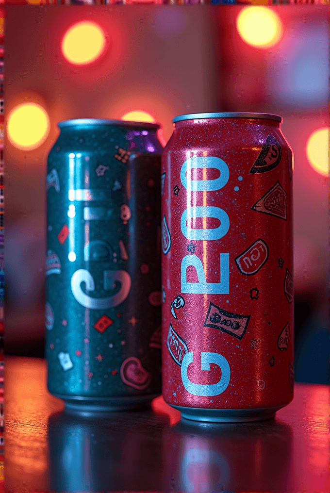 Two stylish soda cans are illuminated by warm, colorful neon lights creating a vibrant backdrop.