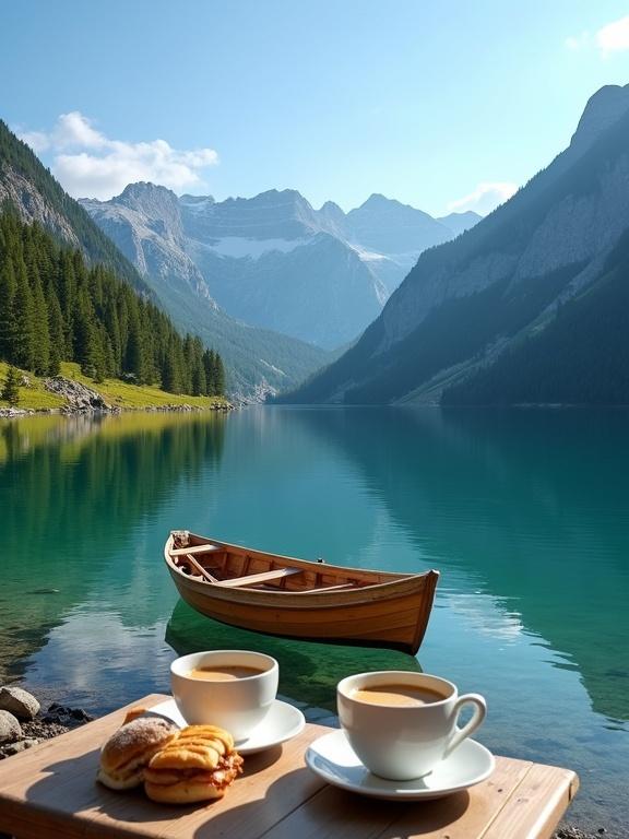 Serene alpine lake scene featuring a small wooden boat and a wooden table with coffee cups and sandwiches. Tranquil turquoise water reflects mountains and sky. Mountain slopes covered in trees and grassy meadows. Misty peaks in the distance.