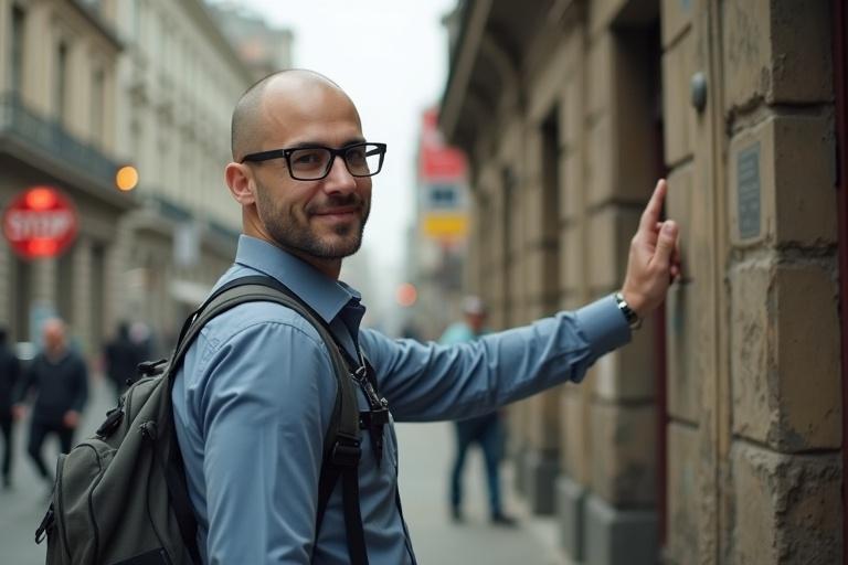 Highly realistic photograph of a male journalist with a shaved head. He wears rectangular glasses and urban reporting gear. He stands on the right side, turning toward camera with faint smile. One arm raised, pointing at an aged building behind. Background has street signs, traffic blur, pedestrians. Soft daylight from overcast afternoon creates professional tone.