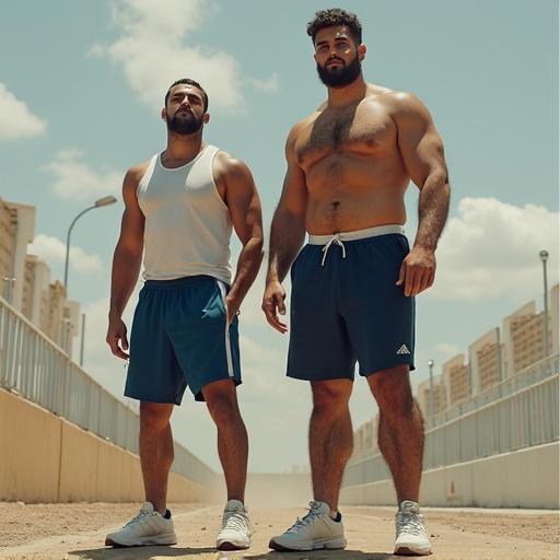 Tall men in sporty attire. One man 2.15 meters tall with normal-sized companion. Both wear shorts and Adidas shoes. The taller man has a muscular build. Midday sun shines brightly.