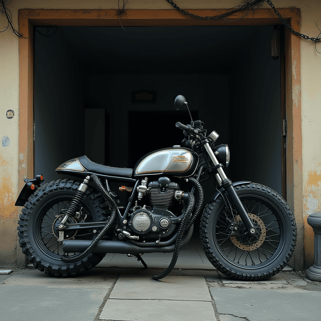 A vintage motorcycle parked in a textured, weathered alleyway with rugged tires and a retro design.