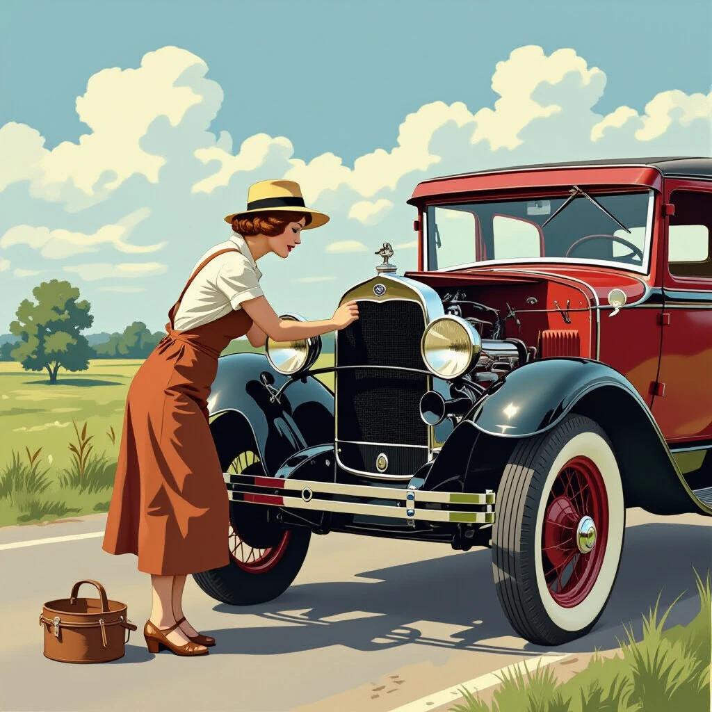 A woman repairs a vintage car on the roadside. The scene captures a sunny day with a green landscape. The woman wears a straw hat and a long dress. Her focus is on the front of the automobile, which is a classic model. The car's hood is raised, revealing the inner workings of the vehicle.
