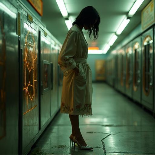 A Korean woman stands in a dim laundromat. She wears a sheer, silk robe with faded peonies. High heels glint as she touches a cracked tile. A green sprout grows from the concrete. Fluorescent lights flicker overhead. Her silhouette appears against a stained glass mirror. The robe clings to her curves. She gazes at the sprout quietly. The sound of a distant subway hums in the background.