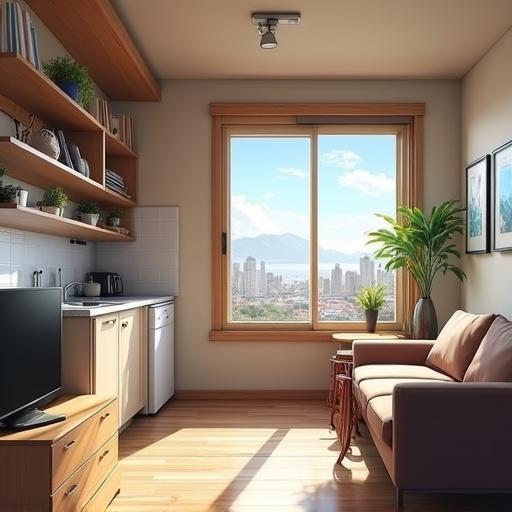 Small student apartment features kitchen, sofa, tv area. Modern style with wooden window. Room includes a plant. Bright space with natural light.