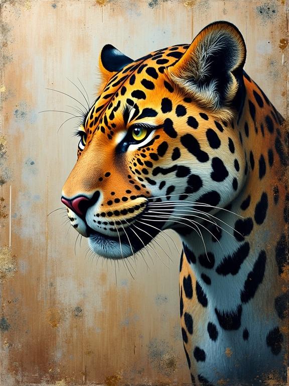 Detailed portrait of a jaguar showing vivid colors and textures. Intricate spots and patterns are visible. Emphasizes depth and surface feel. Evocative and magical composition.