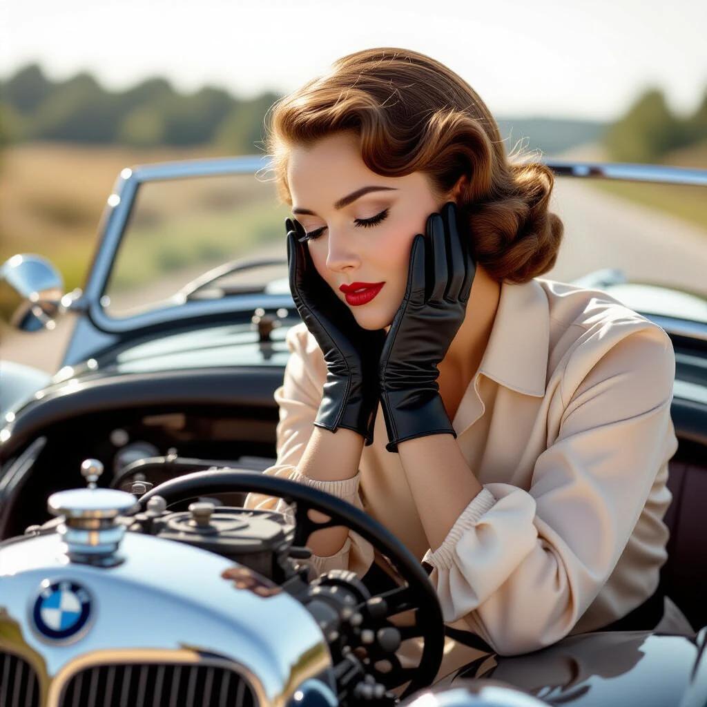 A woman is positioned at the left fender of a vintage car wearing a silk motoring blouse and leather gloves. She gazes downward focused on a carburetor with her palms pressed to her cheeks. The vehicle is a BMW 328 Roadster in alpenweiss. A fuel droplet is visible on the carburetor. The background features a Swiss alpine pass at sunset. The composition showcases the woman in the left third and the carburetor in the right third with a horizon in the upper quarter.