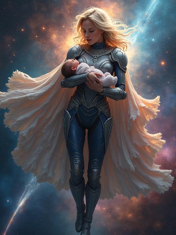 A maternal figure dressed in a starry cape and silver armor floats in space holding her baby wrapped in cosmic plasma. Behind her are multicolored nebulas and comets leaving trails of stardust.