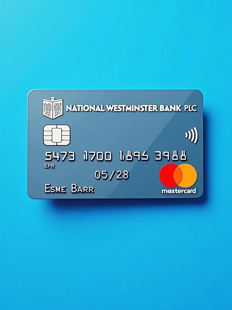 Realistic image of a debit card showcasing the Mastercard logo and NATIONAL WESTMINSTER BANK PLC name. Card number 5373170189629818 is prominently displayed. The name Esme Barr is clearly visible. Expiry date is 05/28. Blue background creates a clean visual appeal.