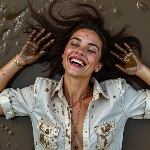Photography of a woman lying in a mud puddle on a farm. Pigs around her splashing in the mud. She wears a shiny white satin shirt and a blue satin legging. Her expression is pleasant and smiling. Mud splattered on her head and body. She enjoys playing in the mud swamp and is completely covered in mud. Laughing with ankle boots. Bracelets and a gold necklace are visible.