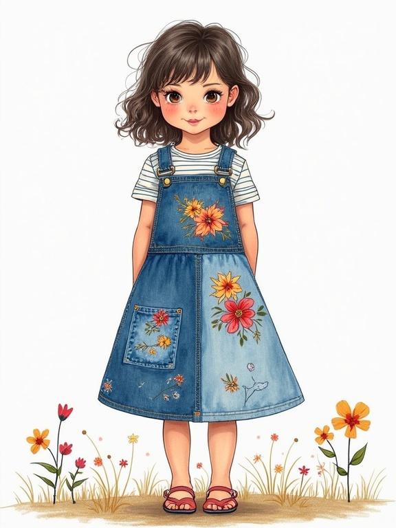 Lively illustration of a girl wearing a pinafore dungaree dress made from patchworked upcycled denim. Dress features floral appliqué and hand-embroidered motifs. Includes striped cotton tee underneath. Background with a fun, expressive style that enhances youthful energy. Clear tags within the artwork highlight key features.
