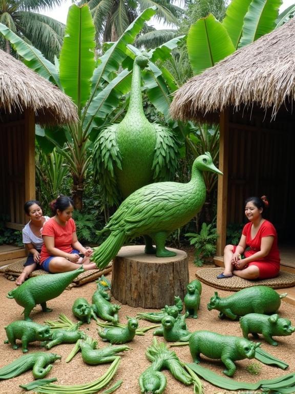 The image features women engaged in weaving green leaves into animal sculptures. They sit on mats in wooden huts with tropical plants in the background. A large green goose sculpture is displayed on a stump. Various animal sculptures are seen on the ground, indicating ongoing work.