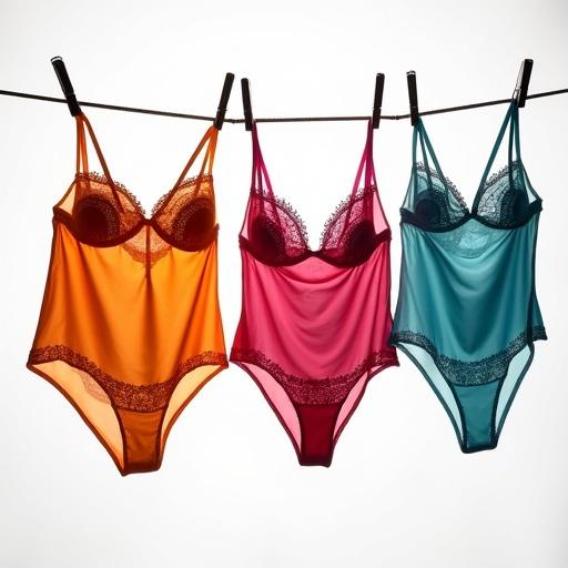 Close-up display of three beautiful colorful lingerie pieces on a clothesline. The lingerie features lace details. Shot in a hyperrealistic style. The background is clean and white. Dramatic lighting highlights the textures and colors of the fabrics. Crisp focus on the lingerie with blurred edges to emphasize depth.