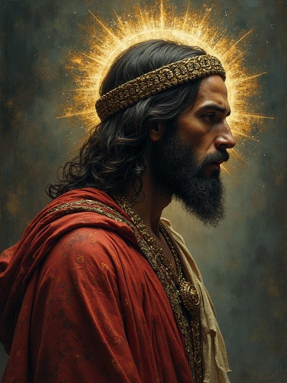 Portrait of a man with aspects of Jesus of Nazareth and Baron Samedi. He has a halo around his head. The figure wears a richly adorned robe and has a beard. The image captures a blend of spirituality and mysticism. Side profile view. Dark dramatic background.