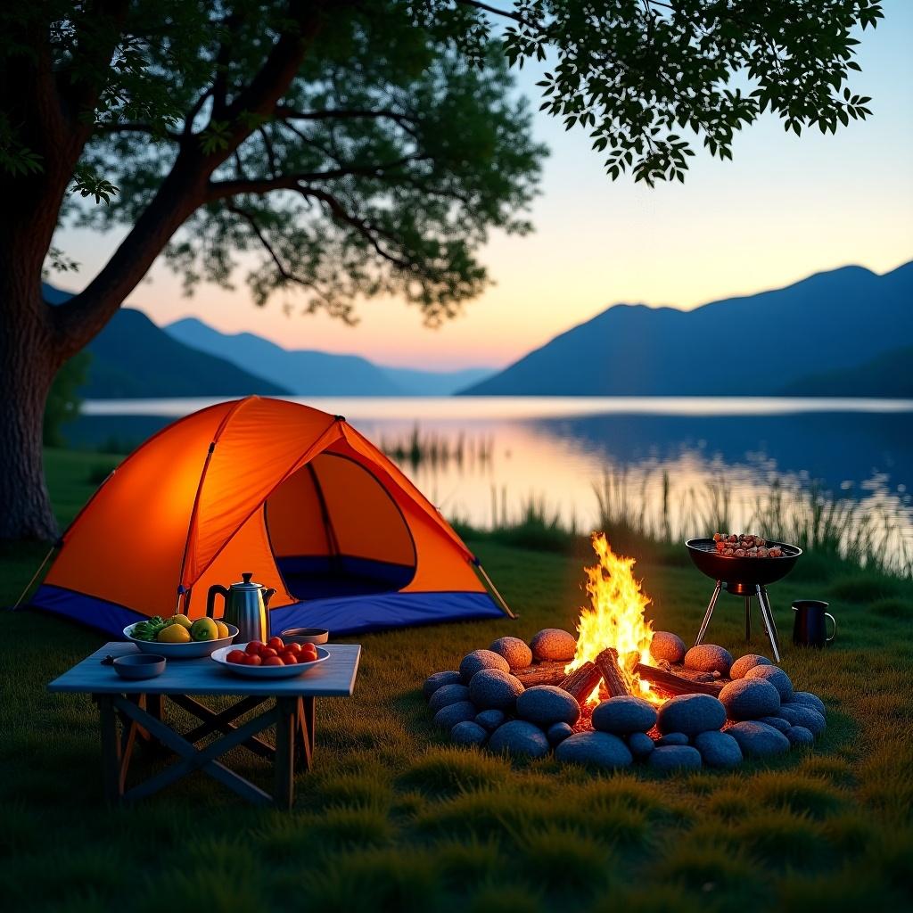 Lakeside camping setup during sunset featuring a bright orange tent, a circular campfire surrounded by stones, a camping table filled with food, and a barbecue grill. The calm lake reflects sunset colors with mountains in the background and a large tree providing shade.