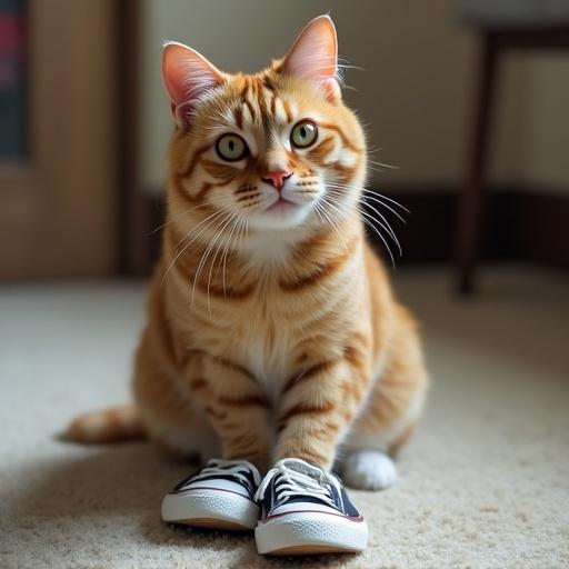 Cat wearing shoes. The feline is sitting upright with shoes on its feet. The setting appears cozy and indoor. The cat has vibrant orange fur with stripes and a playful expression.