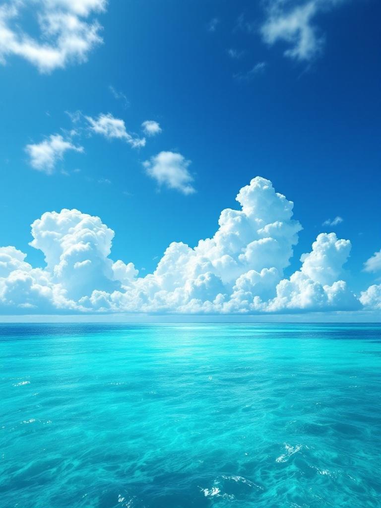 Image of the Caribbean Sea. Vibrant turquoise color of water. Vast sky filled with beautiful white clouds. Clouds do not form any words. Horizon blends into the sea. Create a tranquil and adventurous atmosphere.