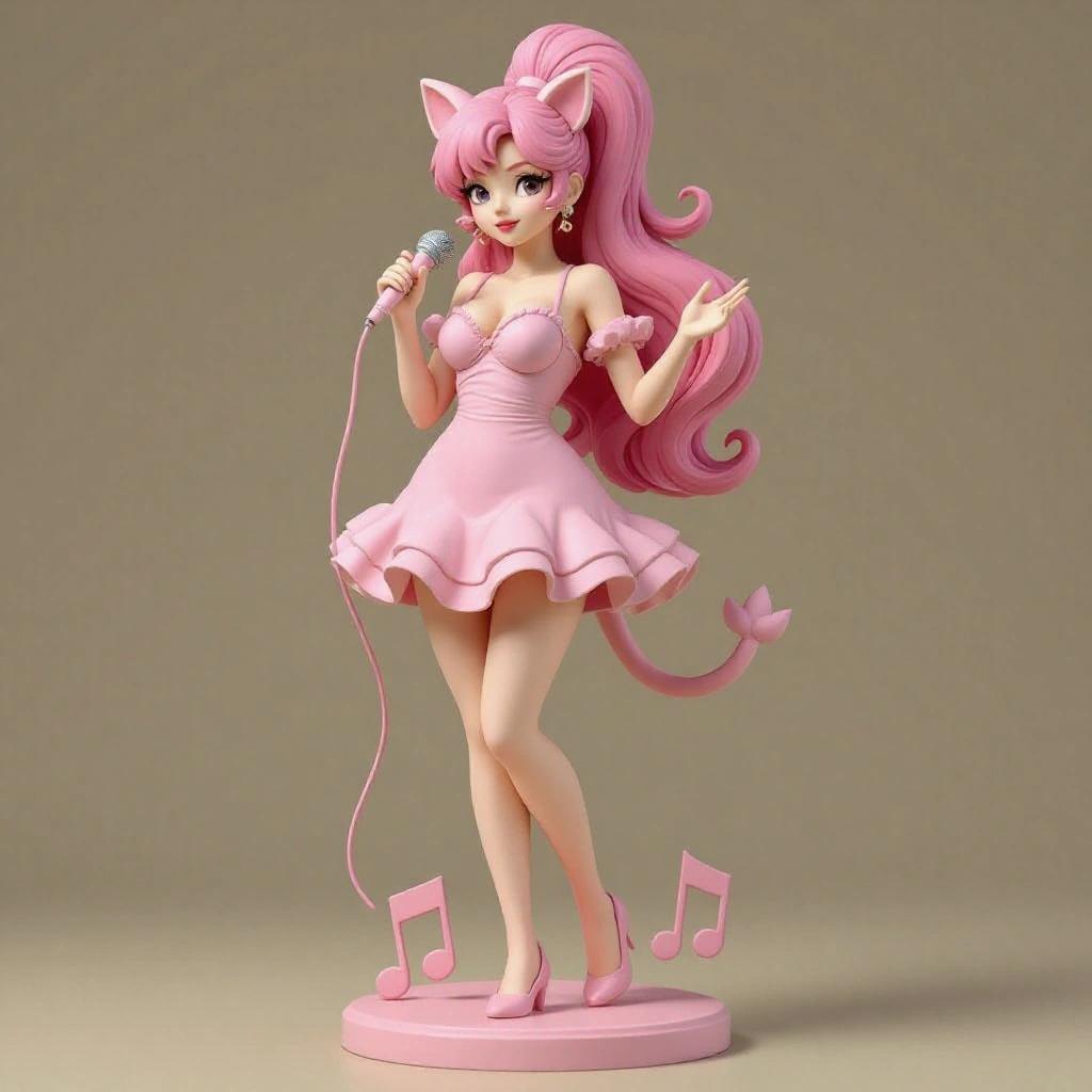 Adult female figure inspired by Jigglypuff. Realistic and elegant woman with a curvaceous body. Natural face with long pink hair styled in a bun. Short pastel pink dress with ruffles. Rounded ears and a short pink tail. Holding a microphone as if singing. Standing on a base with musical notes for 3D sculpting.