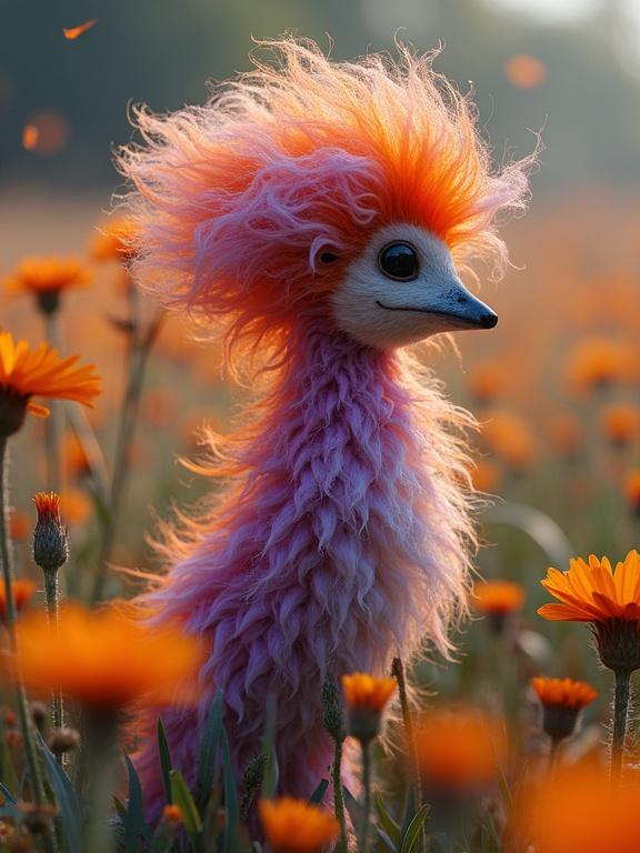 A whimsical creature with fluffy orange and purple feathers stands in a field of orange flowers. The setting is dreamy and natural, showcasing a blend of colors and textures.