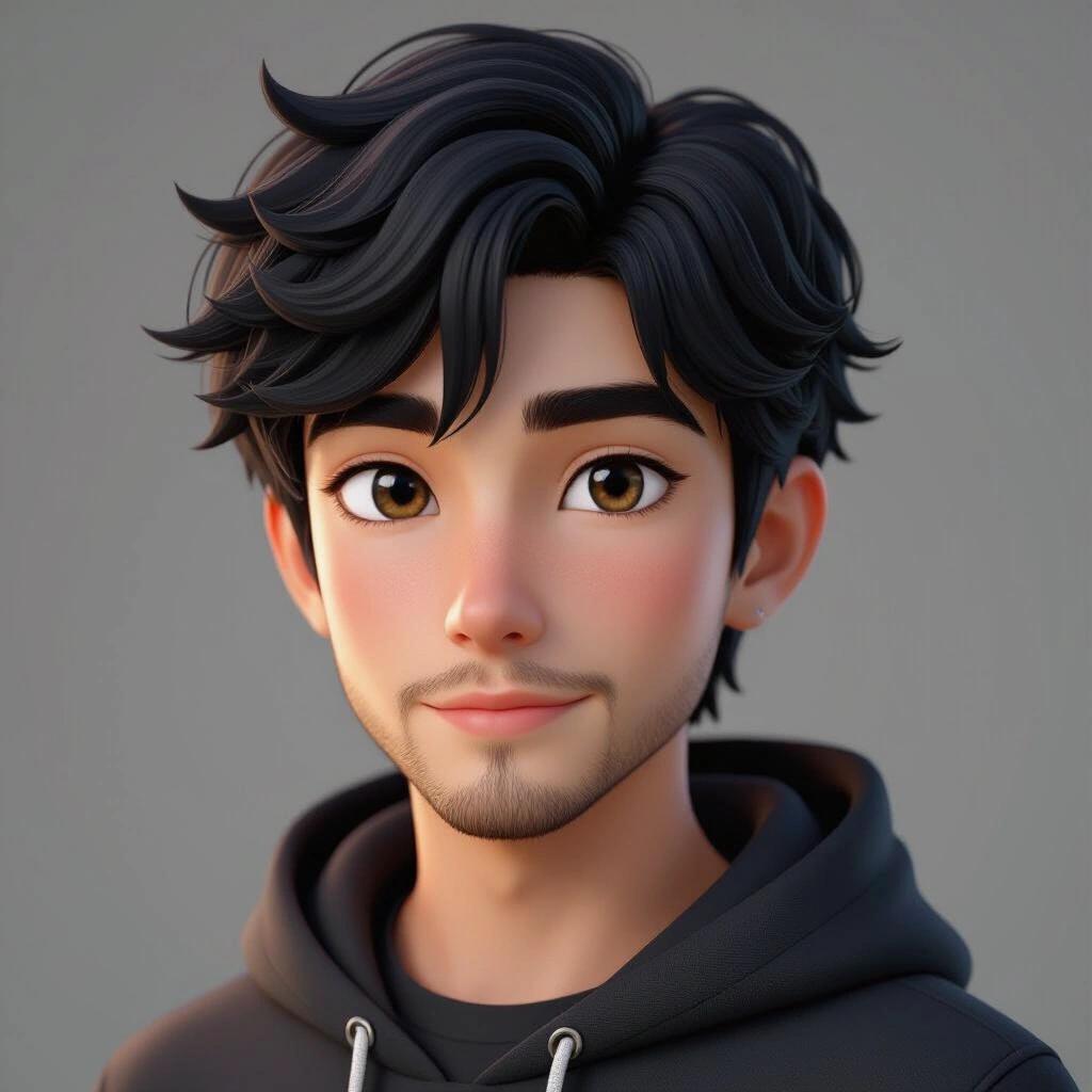 3D anime style portrait of a young man. Features realistic skin texture. Soft lighting creates depth. Black wavy short hair and light facial hair. Fair complexion. Wears dark hoodie. Eyes are expressive with realistic depth. Detailed 3D rendering with smooth shading. Neutral background. Calm and confident expression. Realistic with anime features.