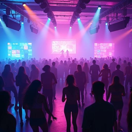 A vibrant modern nightclub interior filled with diverse people dancing energetically on a spacious dance floor. Colorful neon and LED lights in hues of blue purple and pink illuminate the scene casting dynamic reflections on sleek surfaces. The crowd is stylishly dressed in contemporary clubwear moving rhythmically to deep bass music. A DJ booth is visible in the background with a DJ mixing tracks surrounded by high-tech sound equipment and glowing LED panels. Fog effects and light beams cut through the air creating a lively and electric atmosphere.
