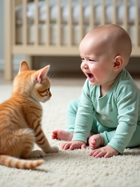 Infant sitting on a soft carpet facing a kitten. Infant wears a light teal bodysuit with airplane designs. Baby looks distressed. Kitten is light orange and fluffy. Home interior setting with a crib in the background. Soft lighting creates a peaceful atmosphere.