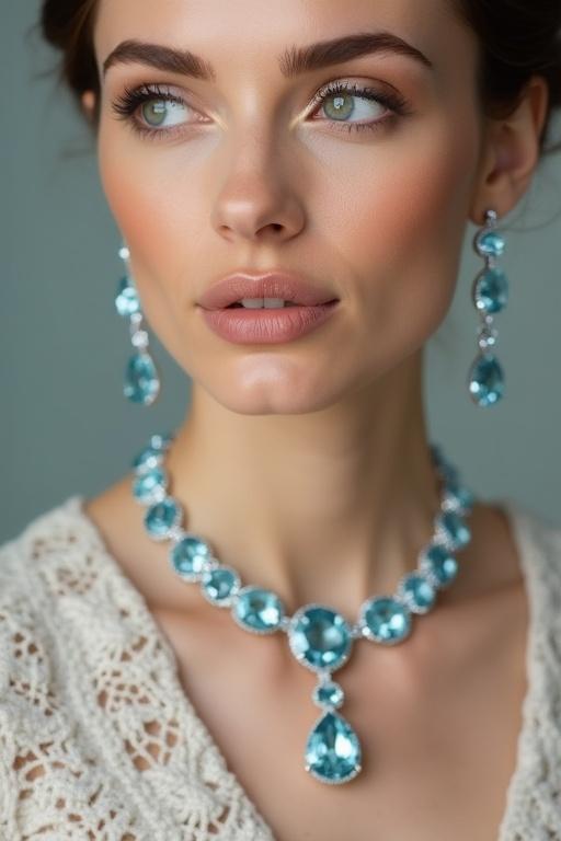 Elegant female model wears luxurious aquamarine gemstone jewelry close-up shot highlights radiant aquamarine matching pendant soft studio lighting with neutral or pastel background enhances cool blue tones of gemstones minimal classy makeup keeps focus on sparkling aquamarine jewelry high-end fashion editorial sharp focus on jewelry with subtle reflections and realistic gemstone detail