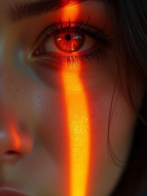 Close-up of a woman's face focusing on one eye. Eye has an orange glow. A vertical orange stripe runs down the center above and below the eye. Hyper-realistic style.