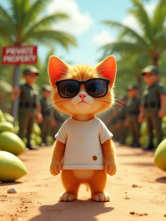 Cute ginger kitten wears a white t-shirt with holes. It stands on a dirt road. Soldiers in military uniforms stand behind it. Large green mango piles line the road. A sign reads 'PRIVATE PROPERTY'. The scene has a tense mood with bright lighting. The video is vertical.