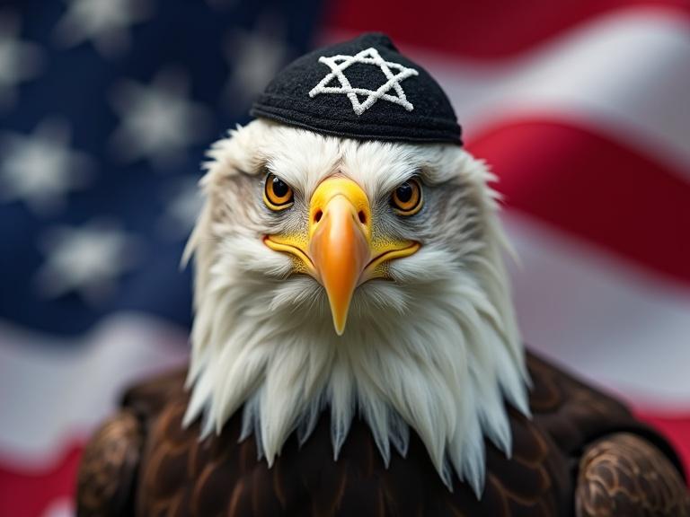 Bald eagle with hypnotic eyes and a rat eating its brains. Rat wears black yarmulke displaying star of David. The background features American flag with stars of David instead of regular stars.