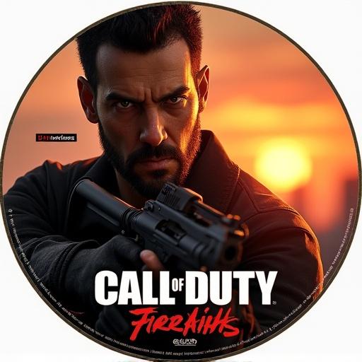Create disc cover for action video game with character holding firearm. Character shows intense expression. Background features sunset over city. Title displays at bottom.