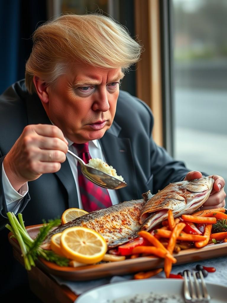 A person intently contemplating a grilled fish meal with vegetables and lemon slices.