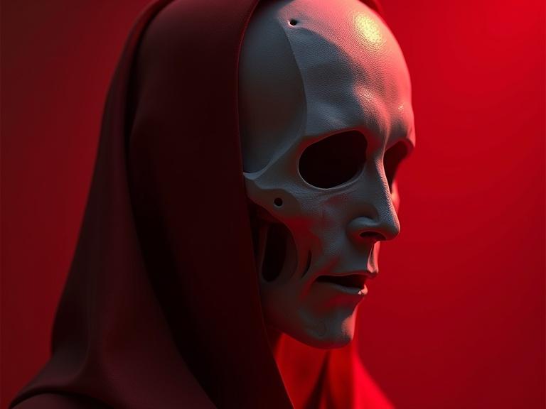 Photorealistic digital art of a porcelain mask. Character wears a specter's cowl set against a blood red background. Dramatic lighting enhances features. Inspired by the styles of Greg Rutkowski and Hajime Sorayama, with a macro perspective to capture details.