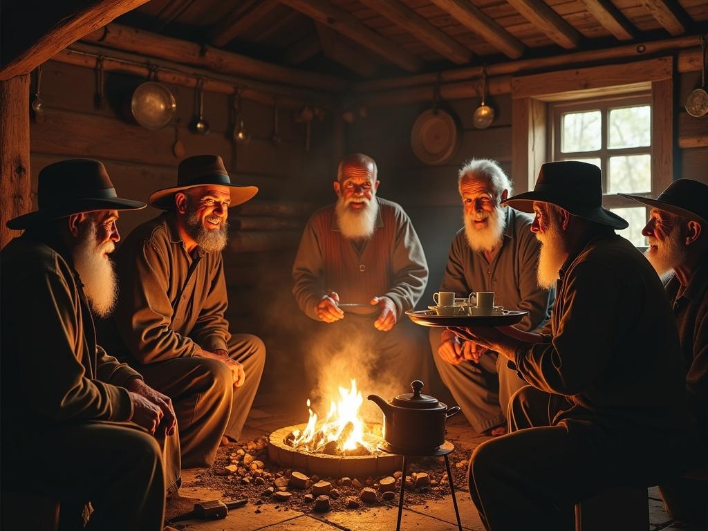 The image shows a cozy cabin scene with a group of eight individuals, mainly men, gathered around a central fireplace. They display a range of ages, from a younger man with dark hair and a wide-brimmed hat, smiling and engaged, to older figures with white beards and traditional attire. The lighting is warm, casting a golden hue throughout the rustic wooden interior, which is adorned with various kitchen utensils hanging on the walls. A pot simmers over the fire, and one elder carries a tray with a teapot and cups, creating a welcoming atmosphere. The background features logs stacked for fuel, enhancing the cabin's rustic charm.