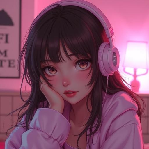 Realistic portrait of a young woman with brunette hair wearing headphones. Background features a pink and white themed gaming bedroom.
