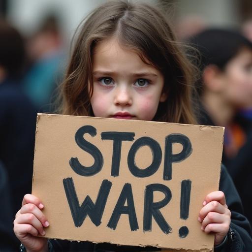 Sad little girl with tears in her eyes holding a placard that says STOP WAR