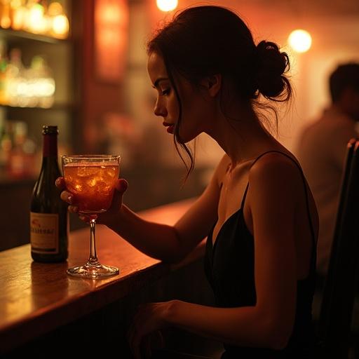 An elegant woman sits at a dimly lit bar, holding a cocktail. She wears a chic black dress. Warm ambient light highlights her features. Patrons socialize in the background. The atmosphere is lively yet intimate, inviting attention to her confident demeanor.