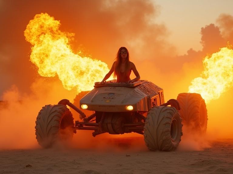 Cinematic photo of a woman DJing on a mutant vehicle shaped like a scorpion. Smoke and fire surrounding her with a dramatic sunset background.