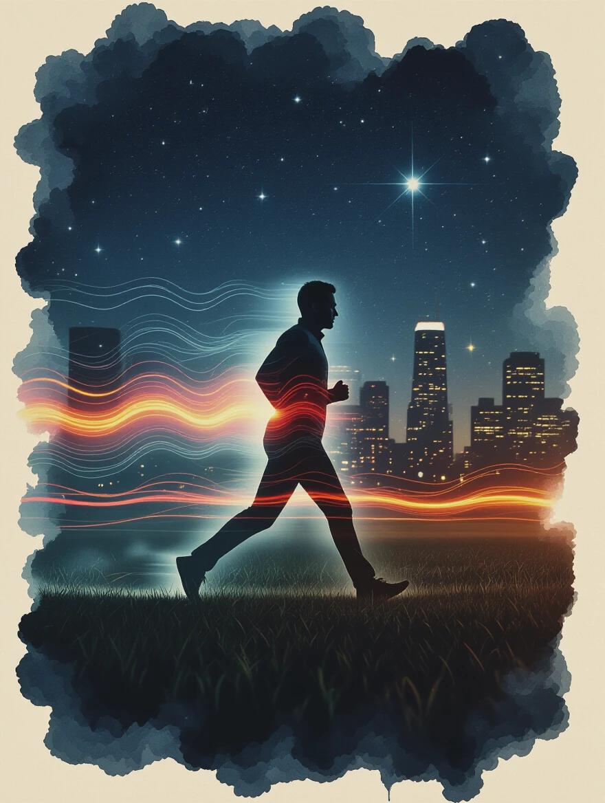 Man running mid-stride across a dark field. Figure is transparent showcasing a dynamic city. Long exposure light trails and starbursts captured in motion. Ink textures fade into the air. Nighttime city atmosphere. Horizontal cinematic style.