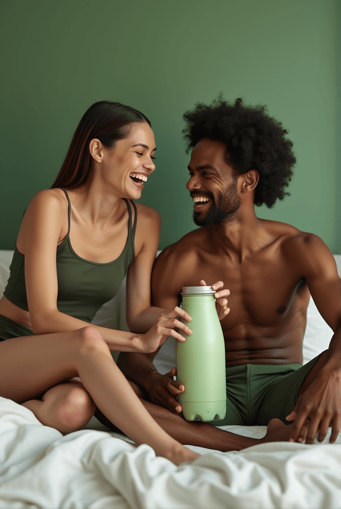 A smiling couple in green outfits sits on a bed with a green thermos.