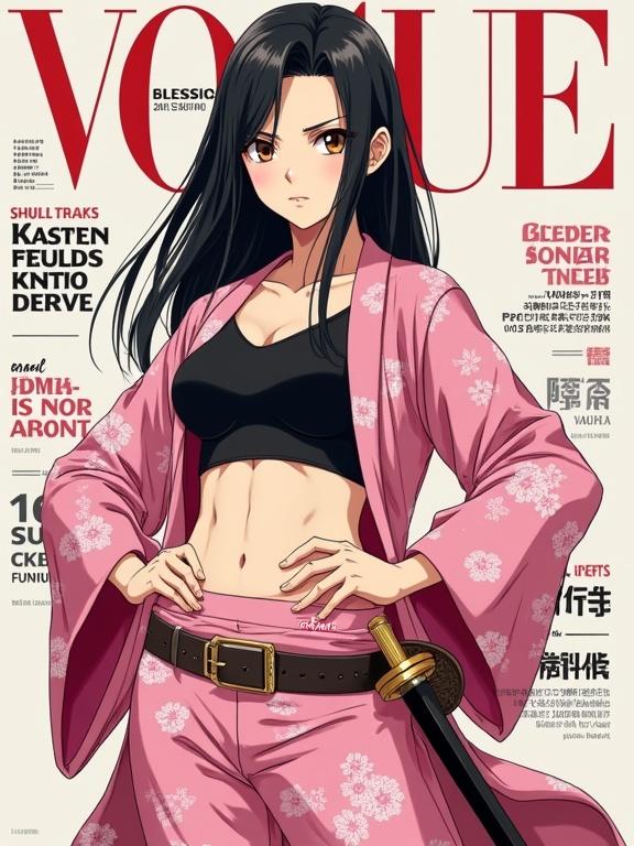 Female version of Shunsui Kyōraku poses with relaxed body language. One hand on hip, other gripping katana handle. Dressed in a pink flower kimono that opens to reveal black croptop. Long loose straight black hair. Sleek calculating facial features. Hazel eyes. Katana sheathed at hips. Scar on abdomen and cheek. Background mimics fashion magazine with VOGUE elements and 'SOUL SOCIETY' subtitle. Anime style with bold lines. Cinematic lighting.
