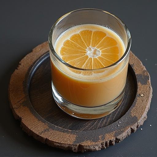 Glass filled with orange drink featuring a lemon slice on top. Drink rests on a wooden coaster. Simple backdrop.